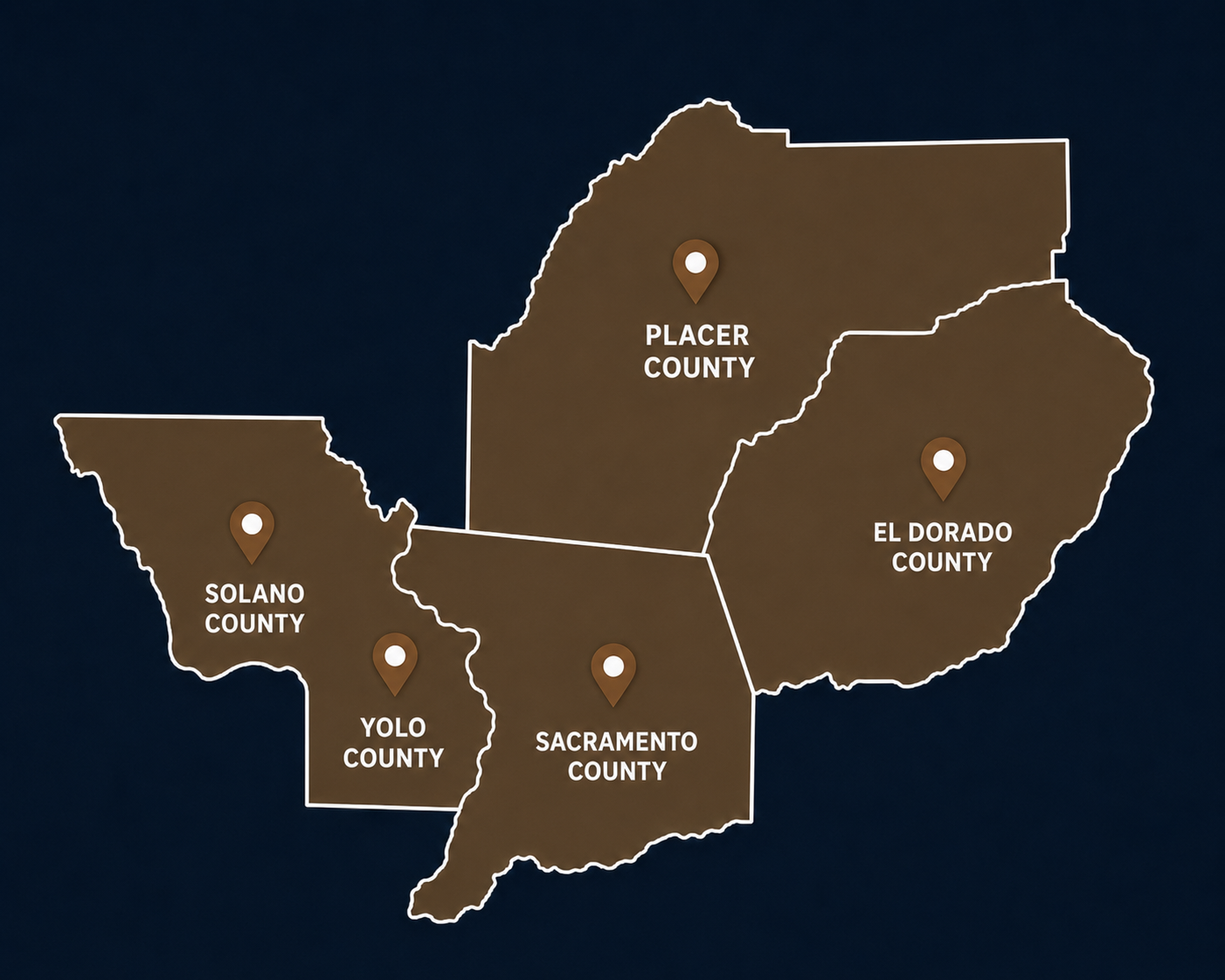 Woody's Pools service area map: Solano, Yolo, Sacramento, Placer, and El Dorado counties